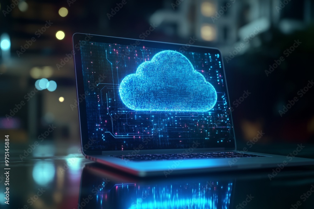 Poster laptop work with cloud computing diagram, network connections, and data storage concepts