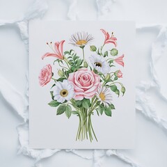 Hand drawn watercolor bouquet on white background. Beautiful gentle flowers in the composition. Roses. Design for card, invitation.