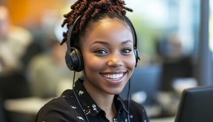 Cheerful customer service representative offering friendly assistance with a warm smile