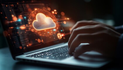 Businessman engaged with laptop surrounded by cloud computing icons representing digital innovation