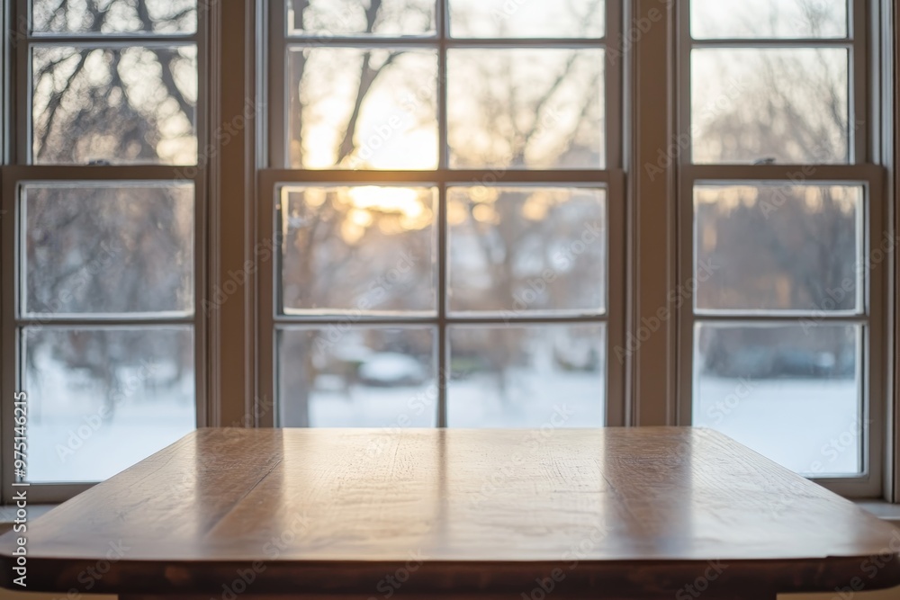 Poster serene winter scene an empty table framed by a frosted window with a peaceful atmosphere