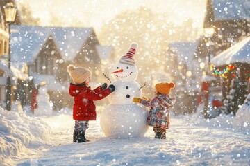 Two happy children construct a snowman in a festively decorated winter village scene