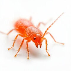 velvet mite explores a flat surface, its fuzzy red body and tiny legs contrasting beautifully against the pristine white background, highlighting its unique structure.