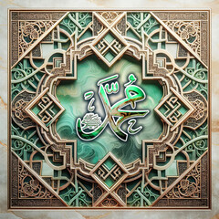Prophet Muhammad Arabic letter icon logo with islamic ornamental background, celebration for prophet Mohammed birthday greetings