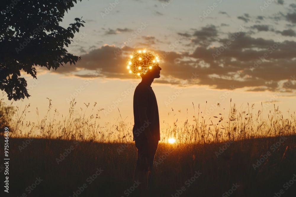 Poster a silhouette of a person standing in a field at sunset with a glowing orb replacing their head repre