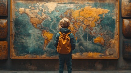 A child gazes at an antique world map in a museum setting.