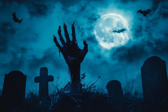 Eerie zombie hand emerges from grave beneath moonlight, surrounded by headstones and dark clouds