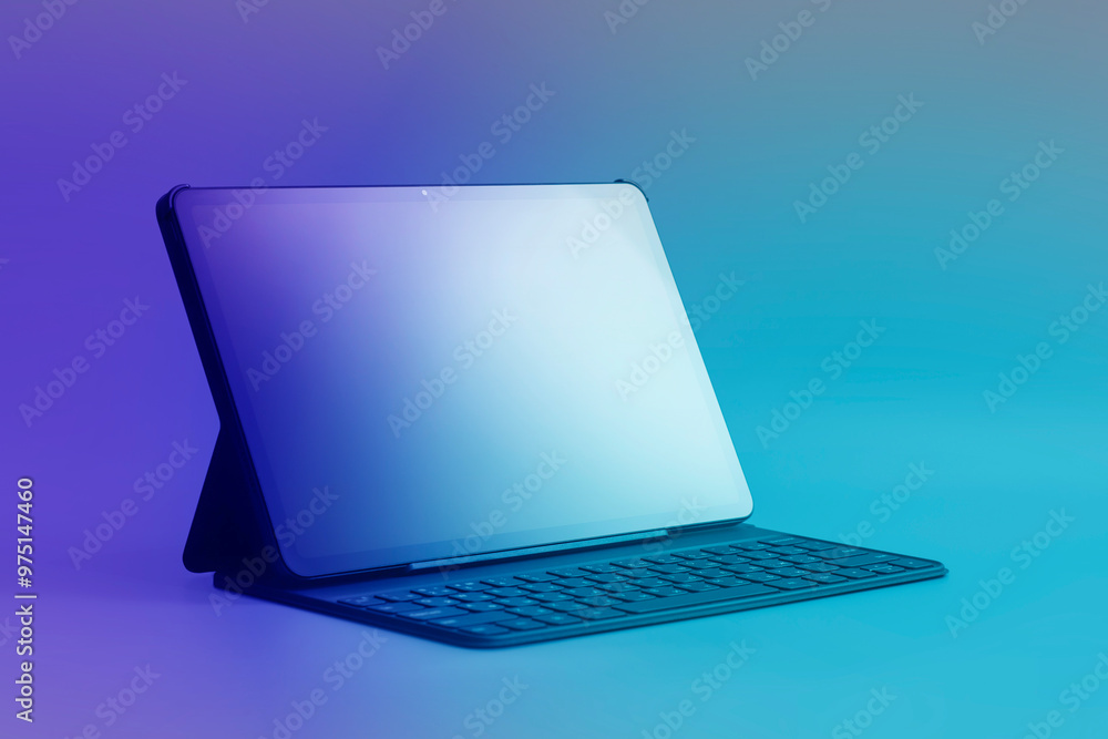 Poster mockup of tablet screen with keyboard and screen close-up isolated on color background.