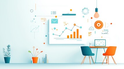 A flat design depiction of a business leader providing tactical guidance during a strategy session. The leader uses a roadmap to discuss analysis, solutions, and offer mentorship for achieving goals