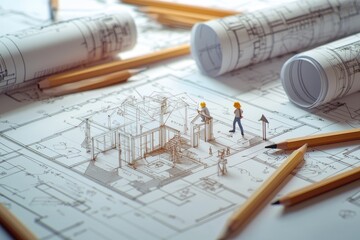 Artistic construction blueprints show tiny figures building and exploring home renovation designs