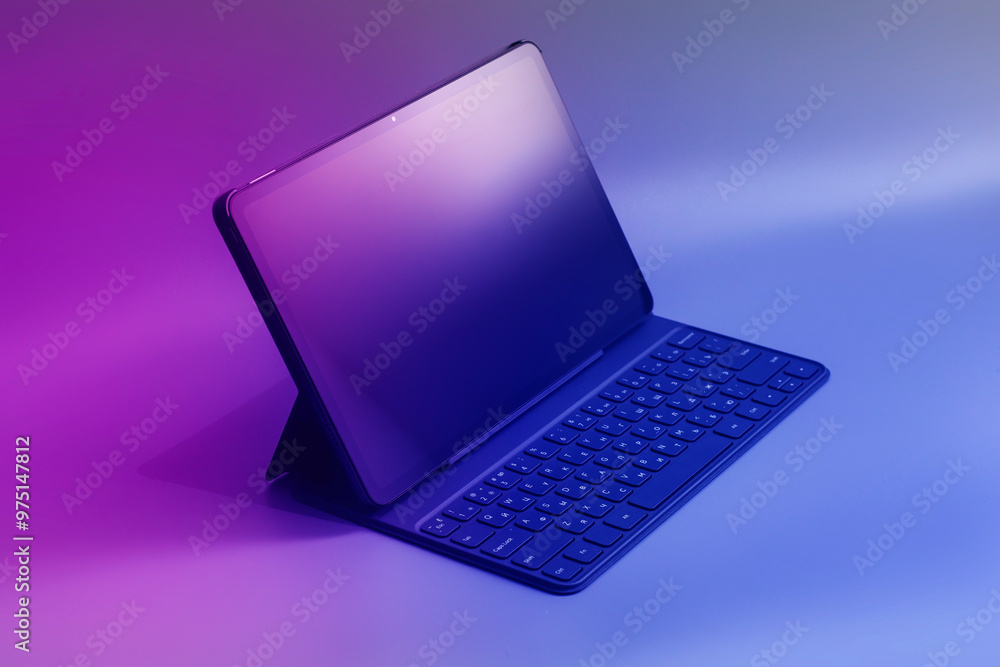 Poster mockup of tablet screen with keyboard and screen close-up isolated on color background.