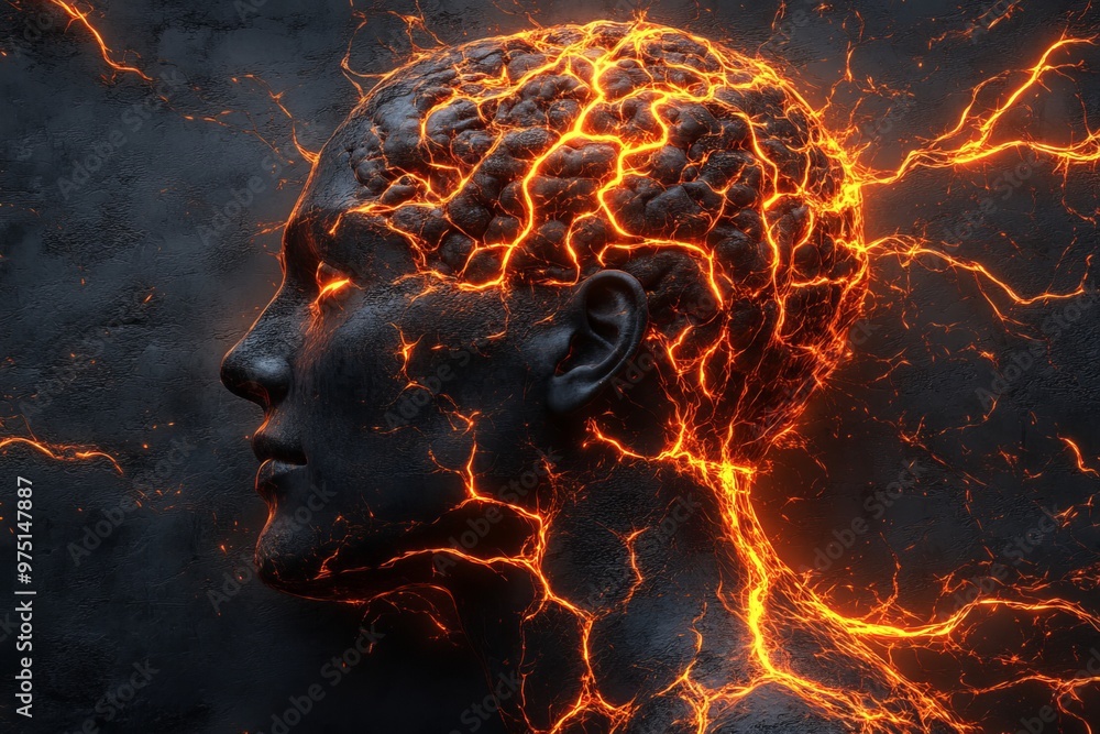 Poster a side profile of a man with his face and head illuminated by fiery light patterns symbolizing stren