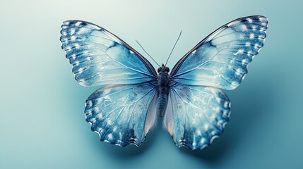Obraz premium A beautiful blue butterfly with intricate wing patterns resting on a smooth pastel background, highlighting its delicate features and soft tones. 