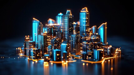 Neon cityscape reflected in water with dark clouds