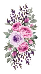 Card tempate with watercolor pink, purple roses and elderberry branches, hand painted on a white background, thank you card design, decoration postcard, wedding invitation