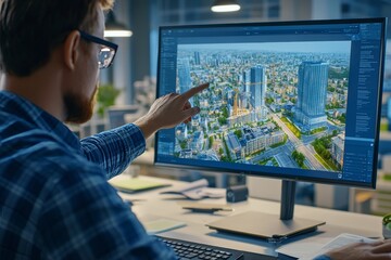 Engineer collaborates on digital twin project using bim technology for urban design and architecture