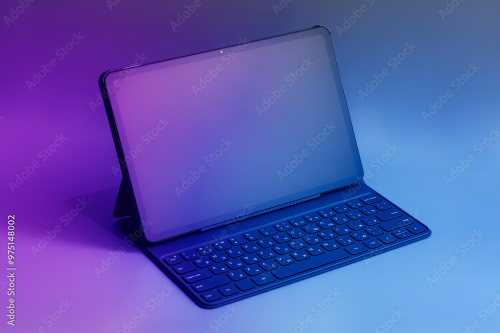 Poster mockup of tablet screen with keyboard and screen close-up isolated on color background.