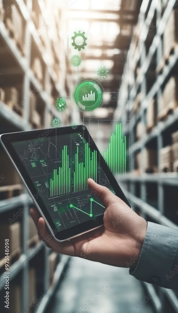 Poster businessman using tablet for warehouse management with digital data visualization and icons