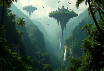 Ethereal Isles: A Jungle Symphony.A fantastical view of floating islands 