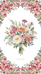 Hand drawn watercolor bouquet with place for your text. Design for card, invitation. Floral frame