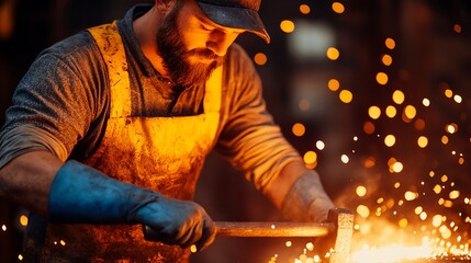 A focused blacksmith shaping metal sparks with precision in a workshop, showcasing artistry and craftsmanship.