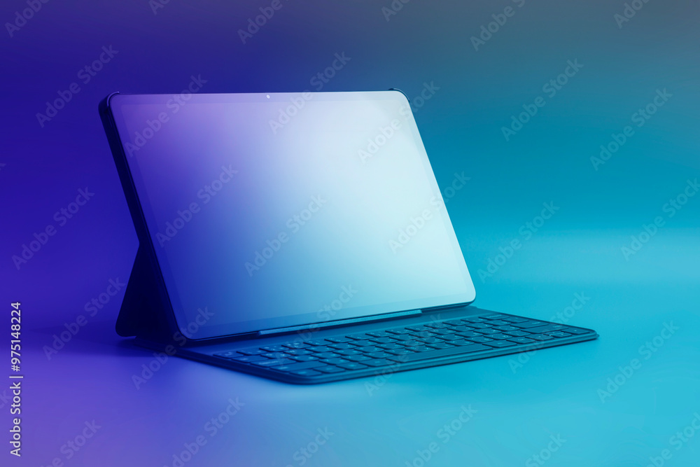 Poster mockup of tablet screen with keyboard and screen close-up isolated on color background.