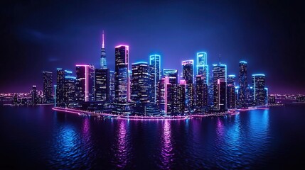 Fototapeta premium Aerial view of a vibrant cityscape at night, illuminated with colorful lights.