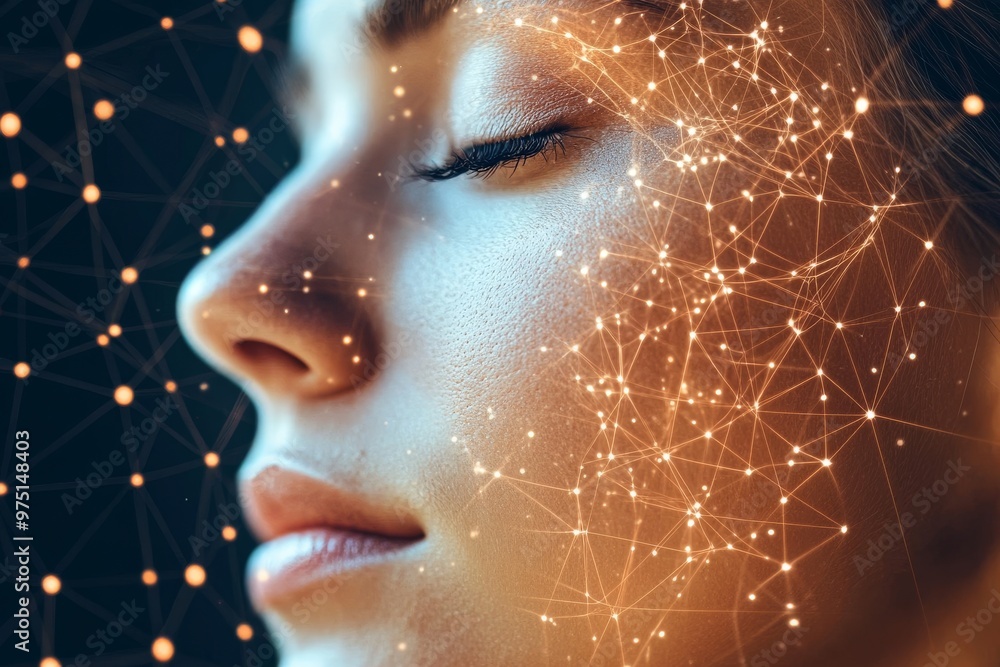 Poster a close up of a woman with glowing connected lines across her face symbolizing the merging of techno