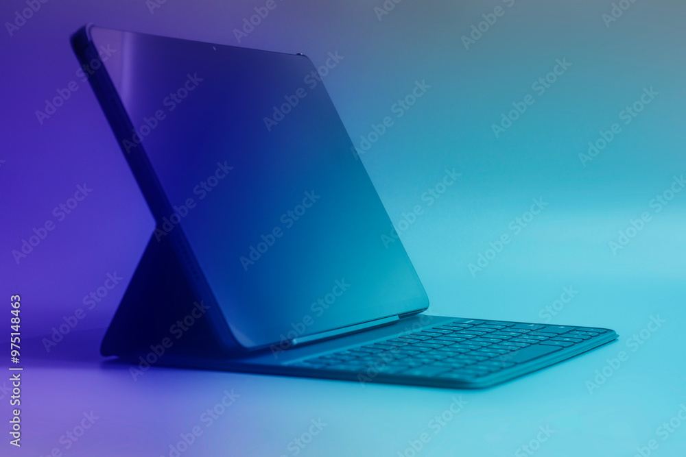 Poster mockup of tablet screen with keyboard and screen close-up isolated on color background.