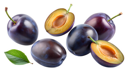 plums isolated falling in the air on a transparent background PNG