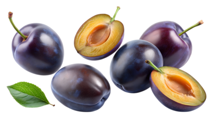 plums isolated falling in the air on a transparent background PNG