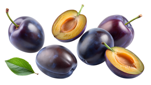 plums isolated falling in the air on a transparent background PNG