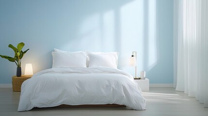 Minimalist bedroom interior with wooden bed frame, white bedding, and sunlight streaming through window.