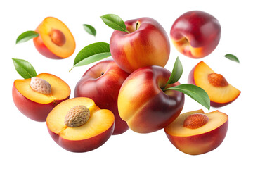 set of peaches falling in the air on a transparent background PNG