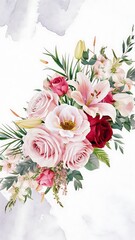 Hand drawn watercolor bouquet on white background. Beautiful gentle flowers in the composition. Roses. Design for card, invitation