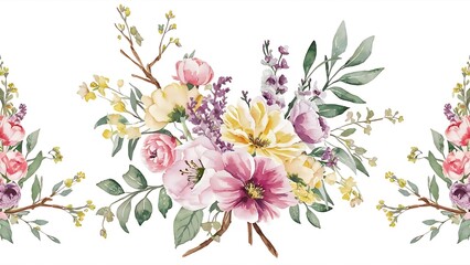 Watercolor spring floral bouquets, branches and leaves seamless pattern, hand painted on a white background