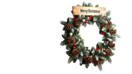 Christmas wreath and Merry Christmas sign on transparent background