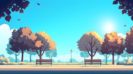 Park Bench in Autumn with Bright Blue Sky.