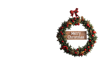 Christmas wreath and Merry Christmas sign on transparent background