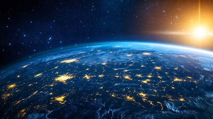Obraz premium Earth From Space with City Lights and Sun.