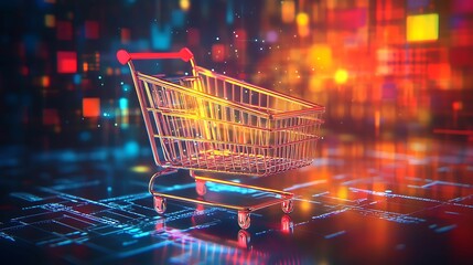 A vibrant, glowing digital shopping cart in a futuristic virtual environment, representing e-commerce, online shopping, and digital retail technology.