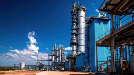 Fototapeta premium Industrial facility with large blue tanks and pipes.