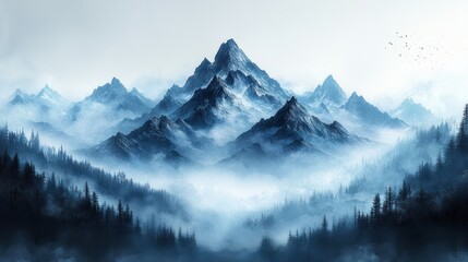 Majestic mountain landscape shrouded in mist and tranquility.