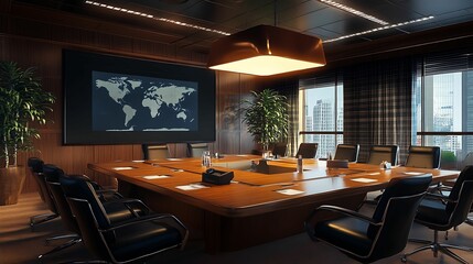Fototapeta premium Luxurious boardroom featuring a large wooden table, leather chairs, a screen displaying a world map, and a city view through large windows.