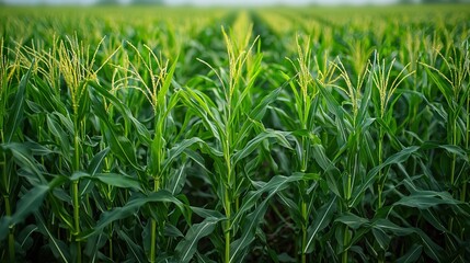 Obraz premium Rows of green corn plants growing in a field.