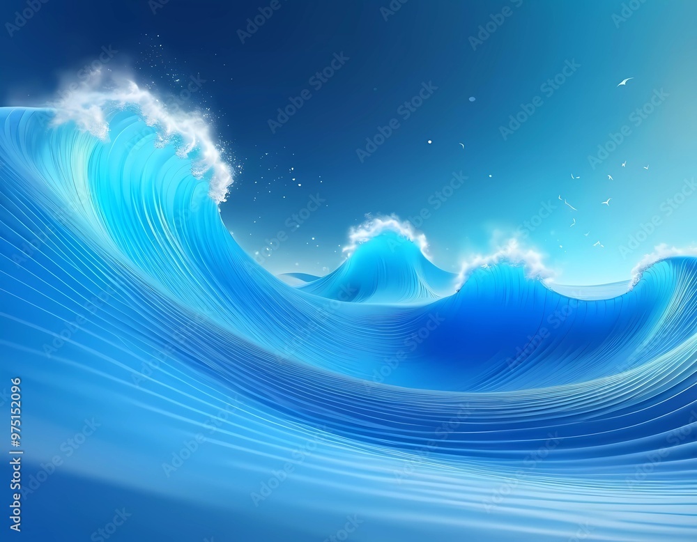 Poster flowing 3d blue sea ocean waves create an abstract representation of fluid dynamics, evoking calmnes