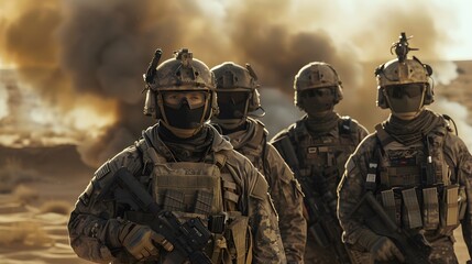 Fototapeta premium Group of soldiers in full gear, standing together with their faces hidden behind helmets and masks
