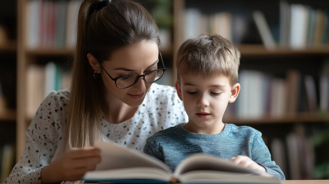 Female teacher and little boy student reading textbook together at table on blurred background, young woman teaching child to read, elementary school, kindergarten, schoolchild, girl tutor, nanny, kid