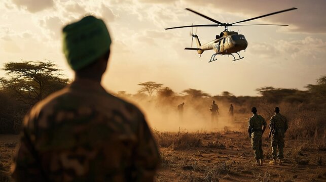 A photo of an African military unit helping with the rescue mission, using helicopters and machinery to search for young men in dust clouds in Al Shabab Forest near Renaissance Cit