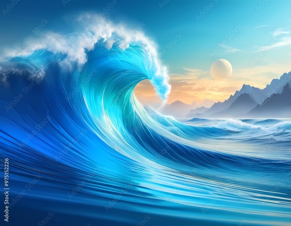Poster flowing 3d blue sea ocean waves create an abstract representation of fluid dynamics, evoking calmnes